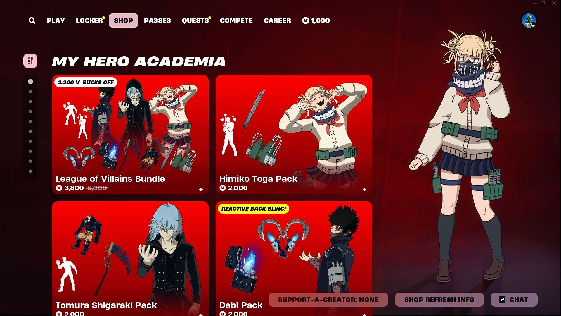 You can now purchase the Himiko Toga, Tomura Shigaraki, and Dabi (My Hero Academia) skins in Fortnite (Image via Epic Games)