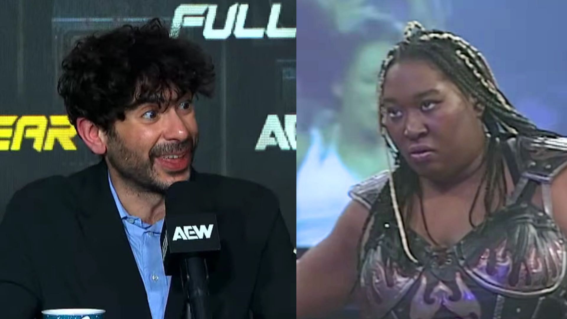 Tony Khan (L) and Awesome Kong (R). (Image via AEW YT and TNA YT) 