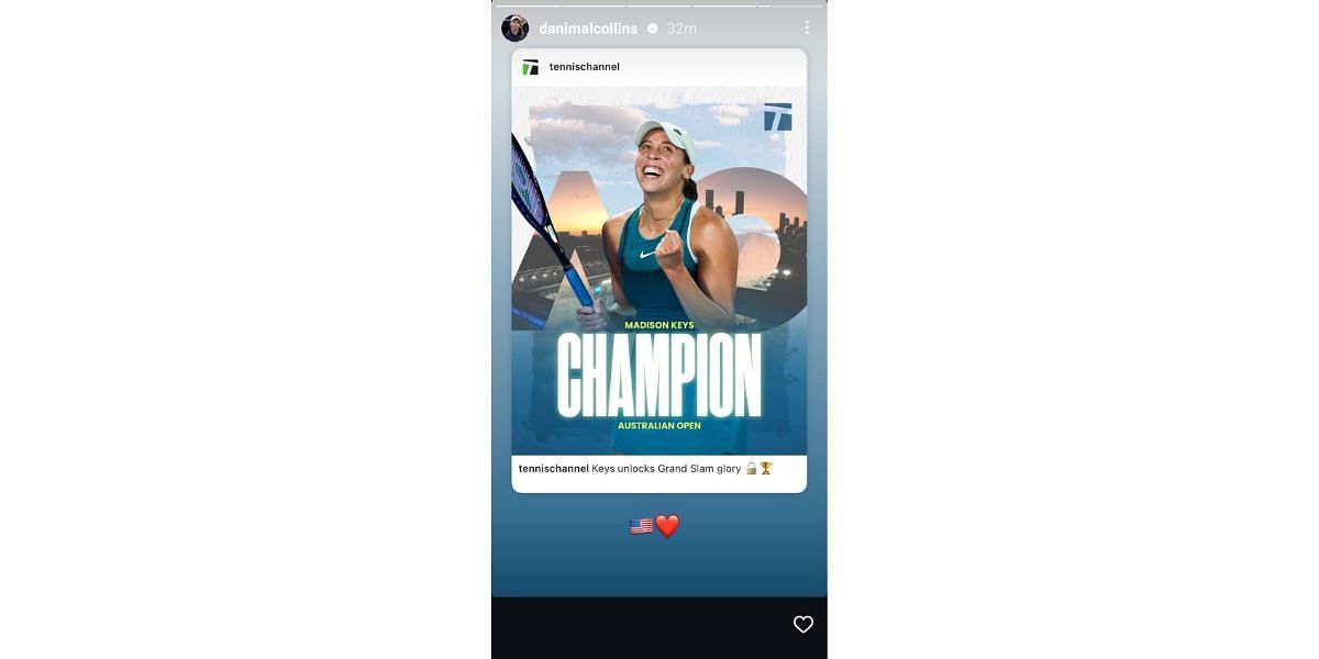 Danielle Collins congratulates Madison Keys via Instagram Stories