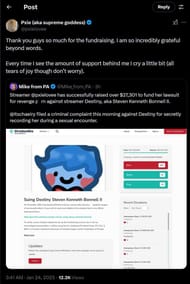 Pxie thanks supporters after raising $27K to sue Destiny on same day a