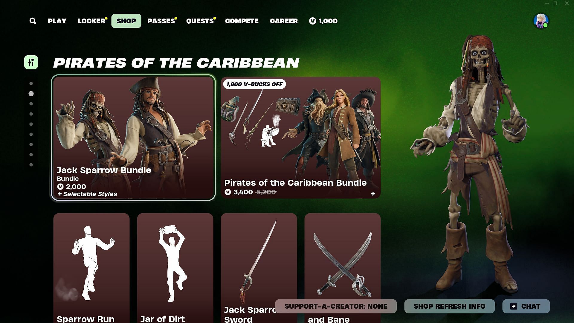 The Jack Sparrow (Pirates of the Caribbean) skin in Fortnite cannot be purchased separately (Image via Epic Games)