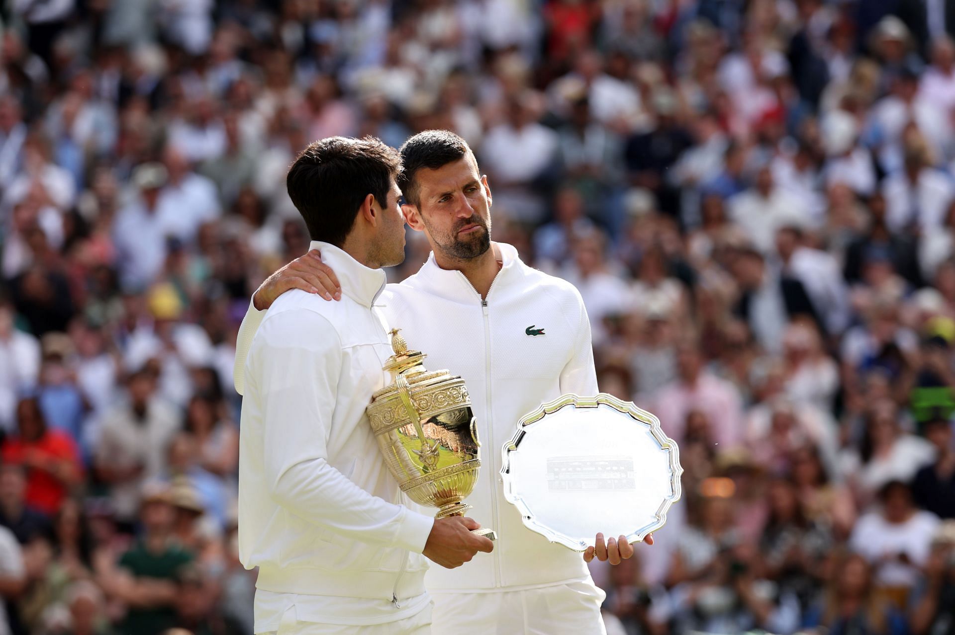 Carlos Alcaraz and Novak Djokovic after their 2024 Wimbledon final - Source: Getty