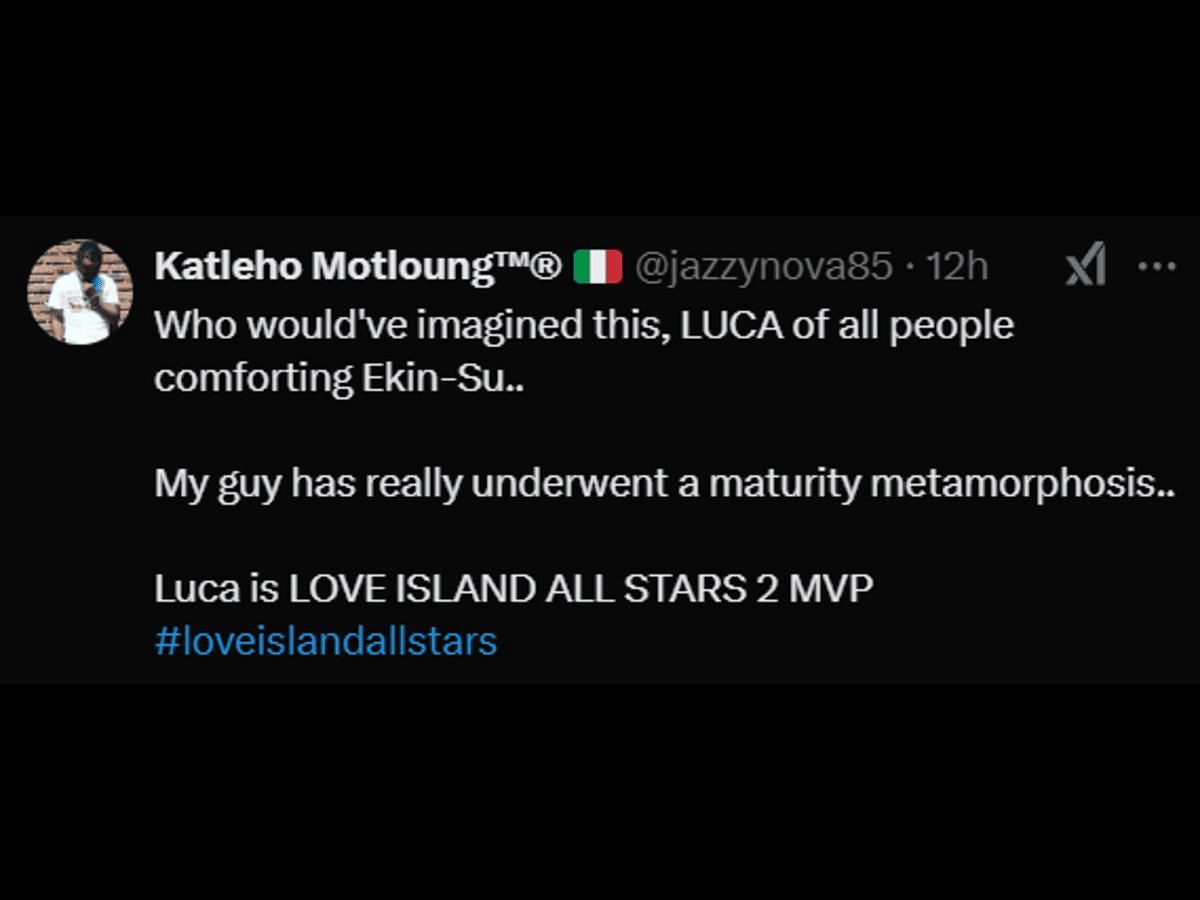 A Love Island: All Stars fan reacts to Luca and Ekin-Su&#039;s conversation (Image via X/@jazzynova85)