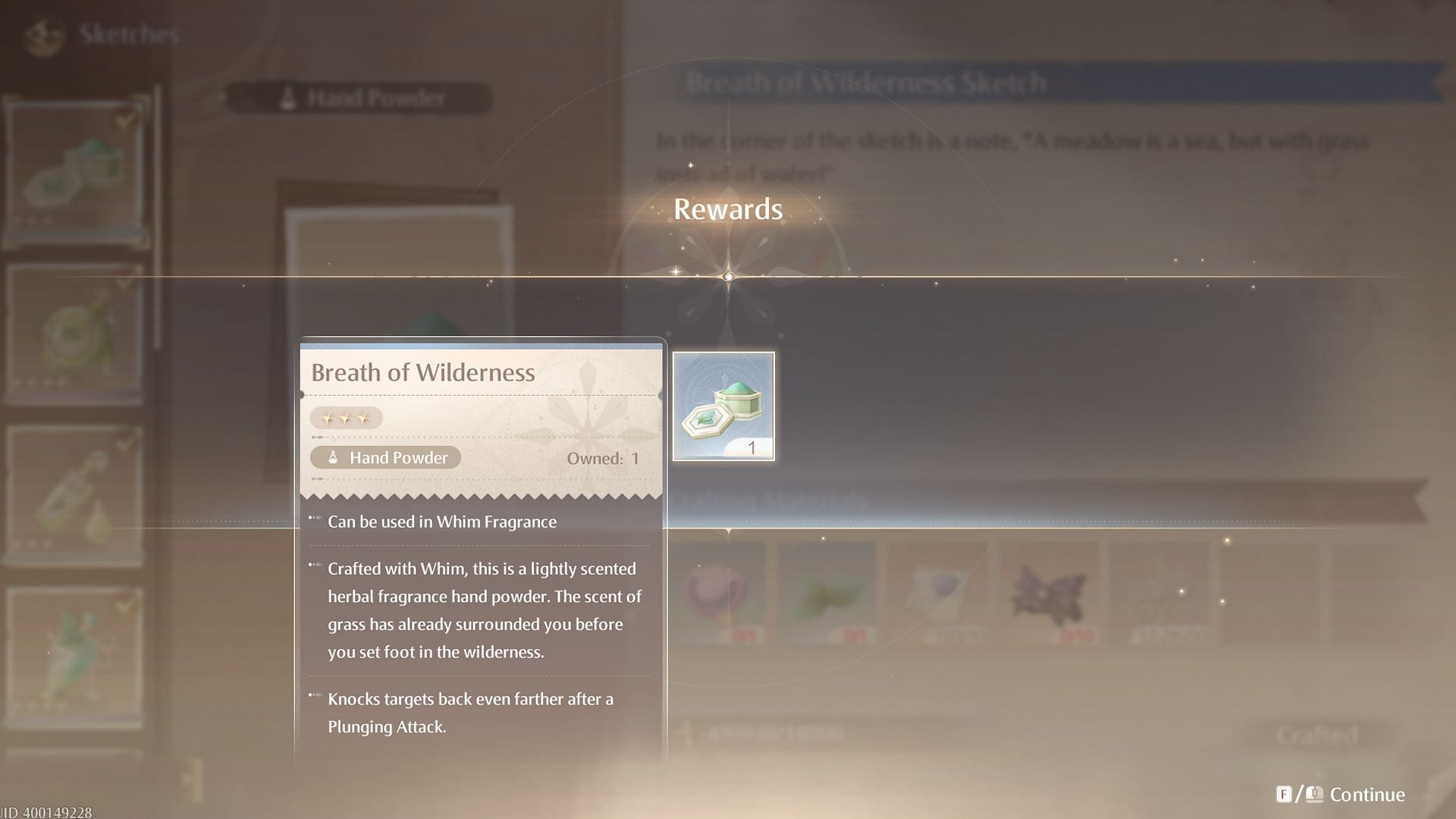 Craft the Breath of Wilderness Whim Fragrance from the Sketches menu (Image via Infold Games)