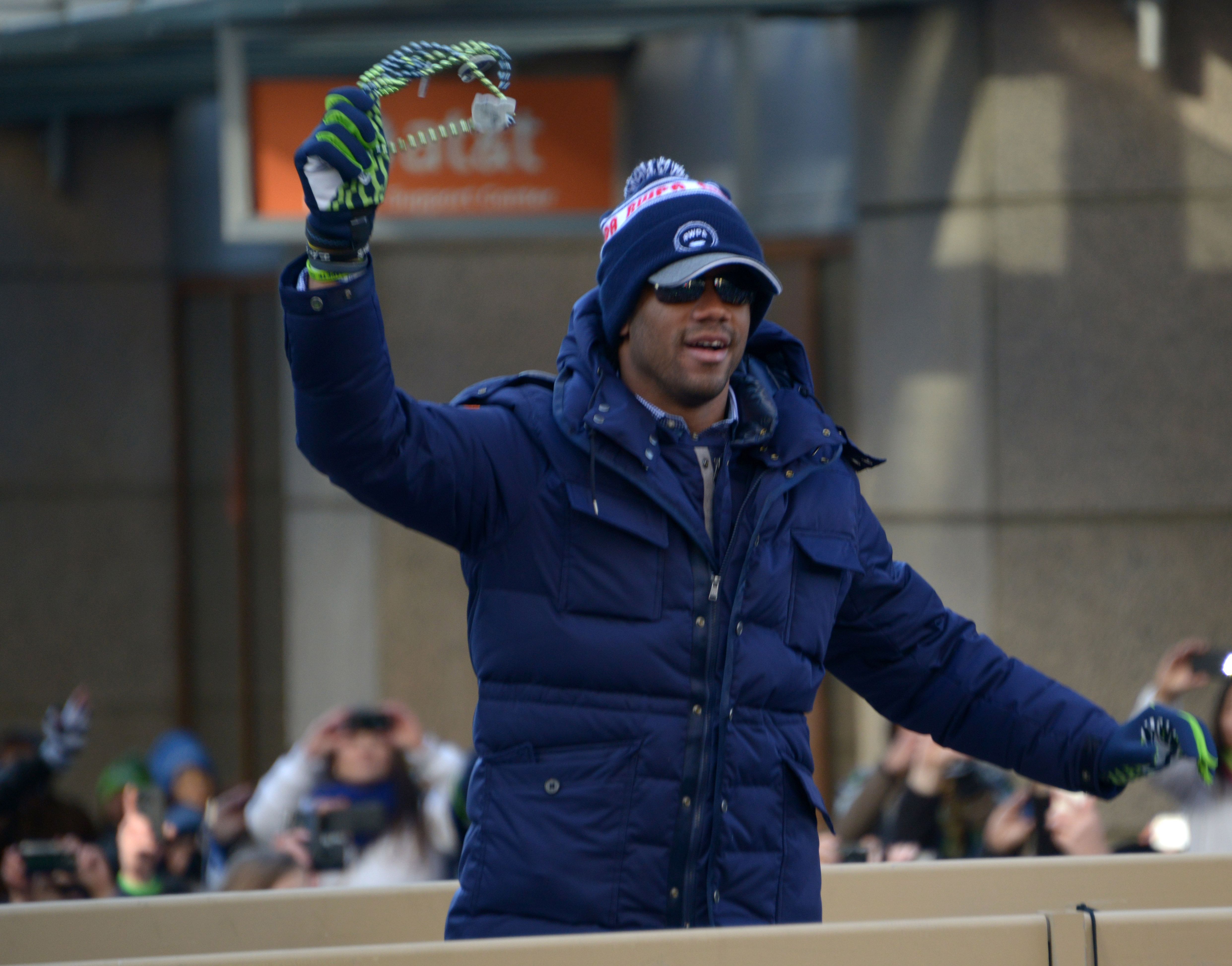 Russell Wilson at Super Bowl XLVIII victory parade - Source: Imagn