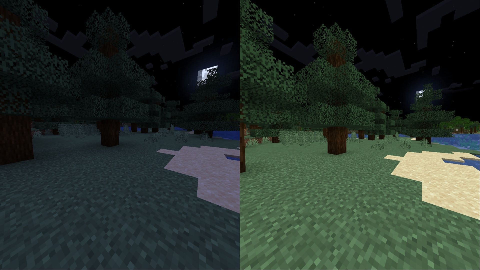 Without vs with Fullbright Resource pack (Image via Mojang &amp; worldresourcepack)