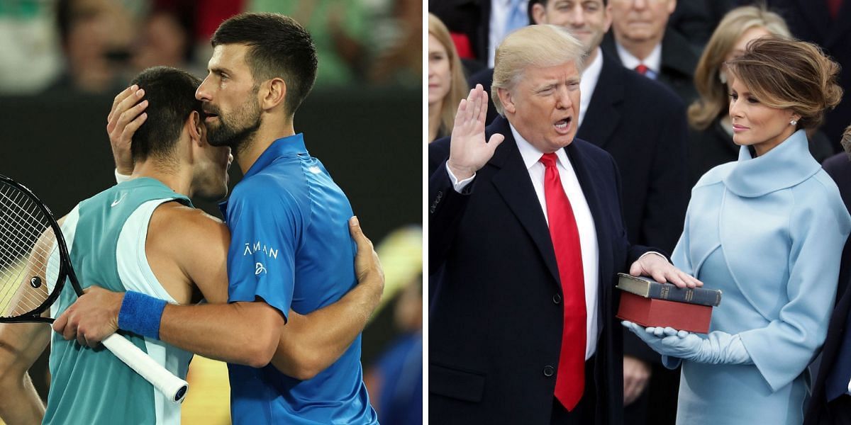 Carlos Alcaraz and Novak Djokovic (left), Donald Trump and Melania Trump (right), Sources: Getty