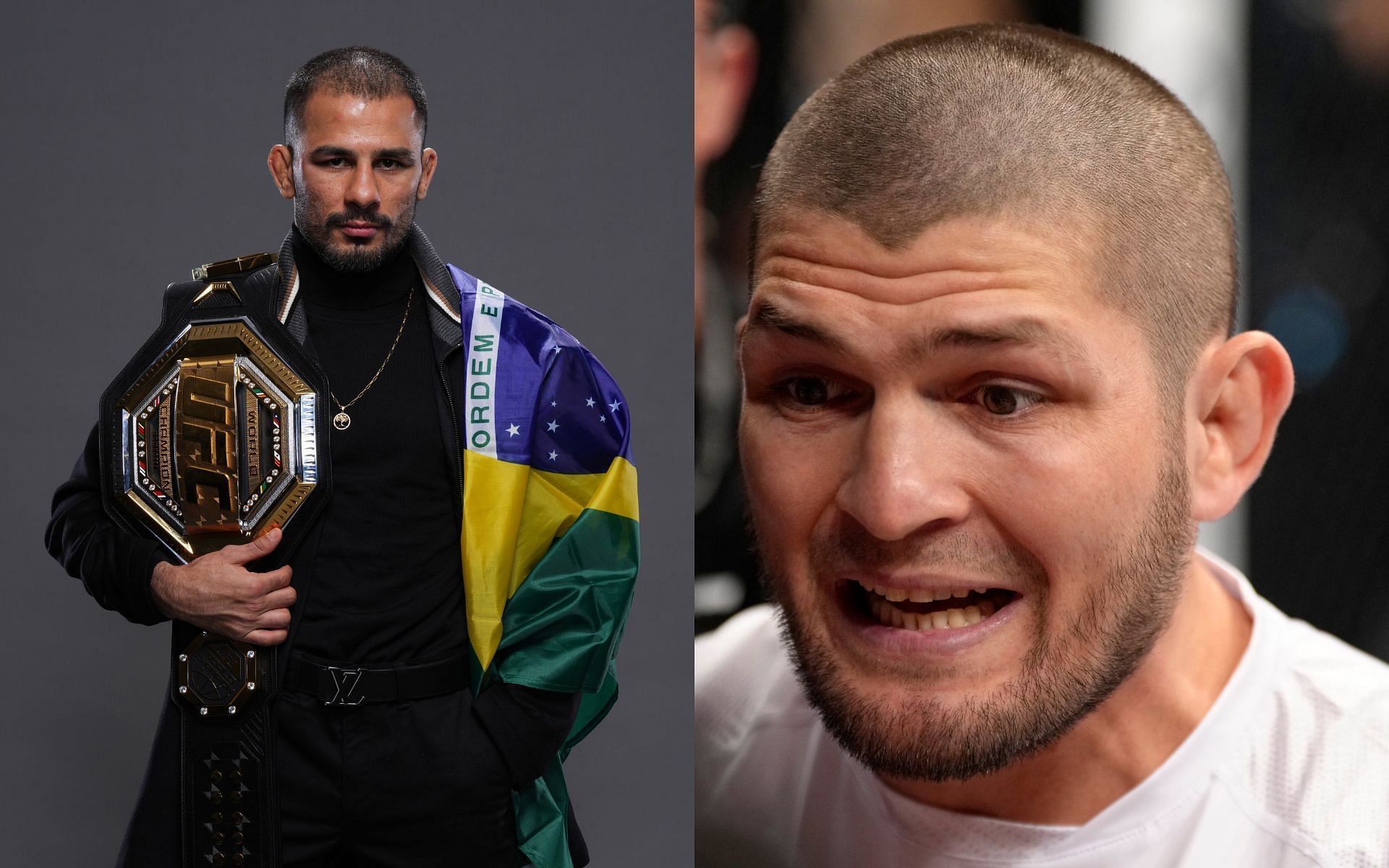 Alexandre Pantoja (left) is a current UFC champion, whereas Khabib Nurmagomedov (right) is a former UFC champion who