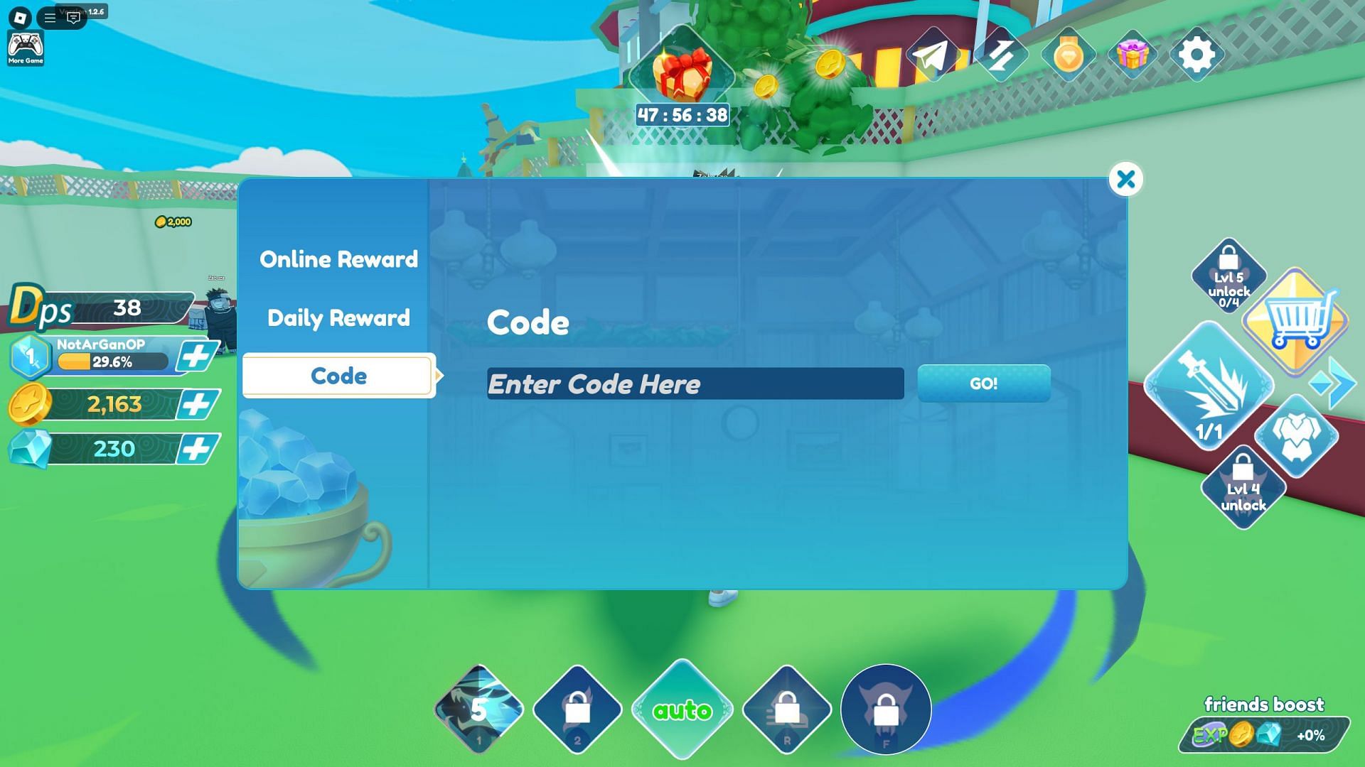 Redeem codes in Anime Artifacts Simulator 2 (Image via Roblox)