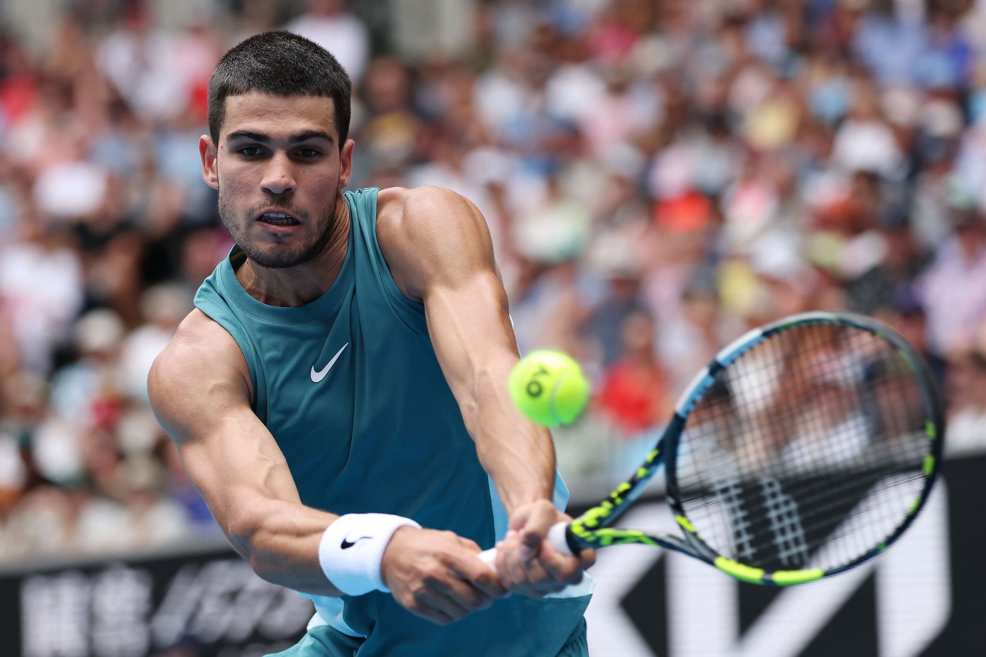 Carlos Alcaraz in action at the 2025 Australian Open. Source: Getty