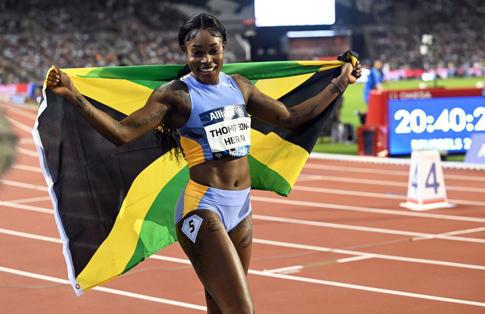 Elaine Thompson-Herah after her win at the Diamond League 2023 in Belgium - (Source: Getty)