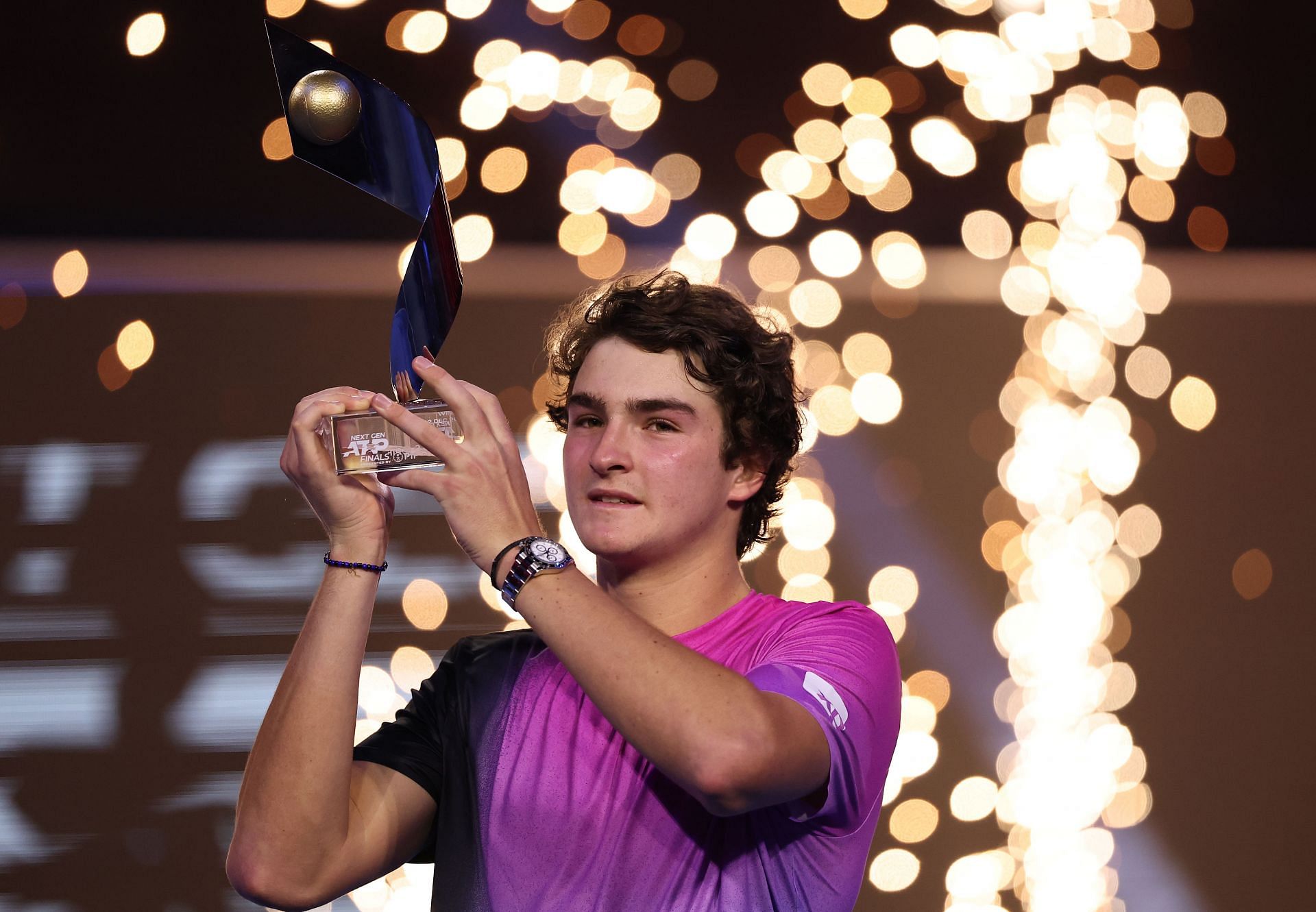 Joao Fonseca of Brazil poses for a photo with the Next Gen ATP Finals Trophy after winning the Men&#039;s Final match on day five of the Next Gen ATP Finals presented by PIF at King Abdullah Sports City on December 22, 2024 in Jeddah, Saudi Arabia. - Source: Getty