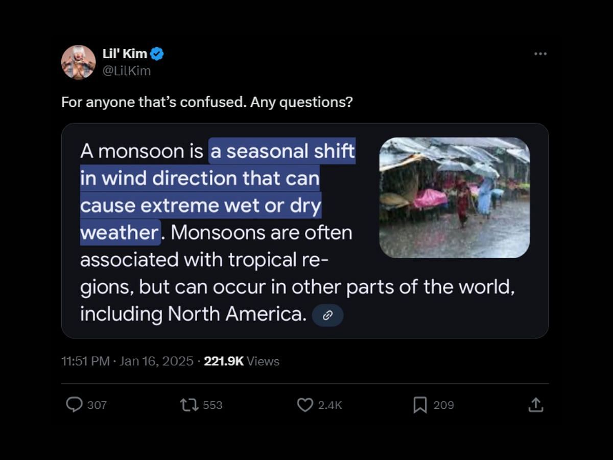 Lil Kim shares the meaning of &quot;monsoon.&quot; [Image via X/@LilKim]