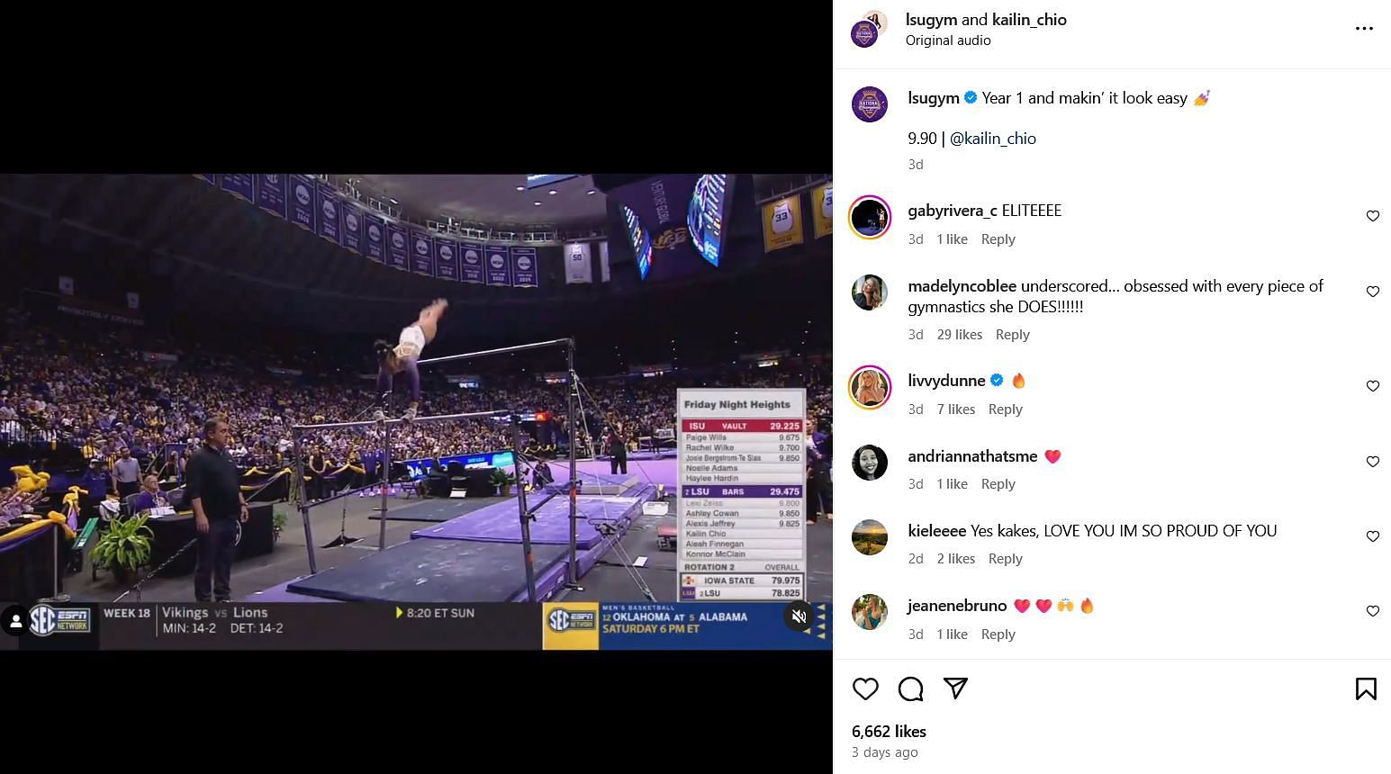 Screenshot of Dunne&rsquo;s comment. Credits - IG/ @lsugym