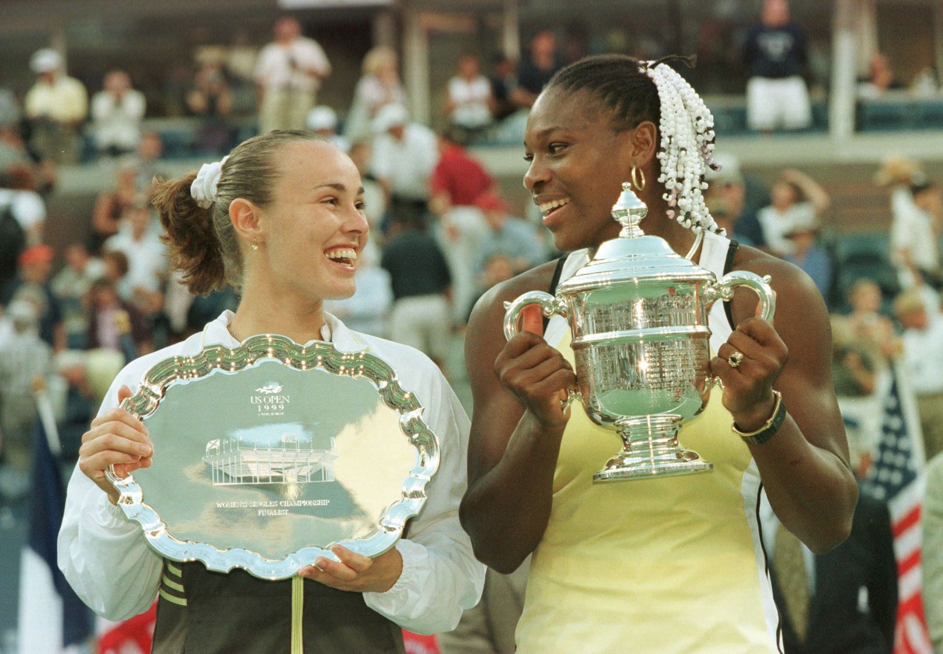 Martina Hingis and Serena Williams at the 1999 US Open. (Source: Getty)