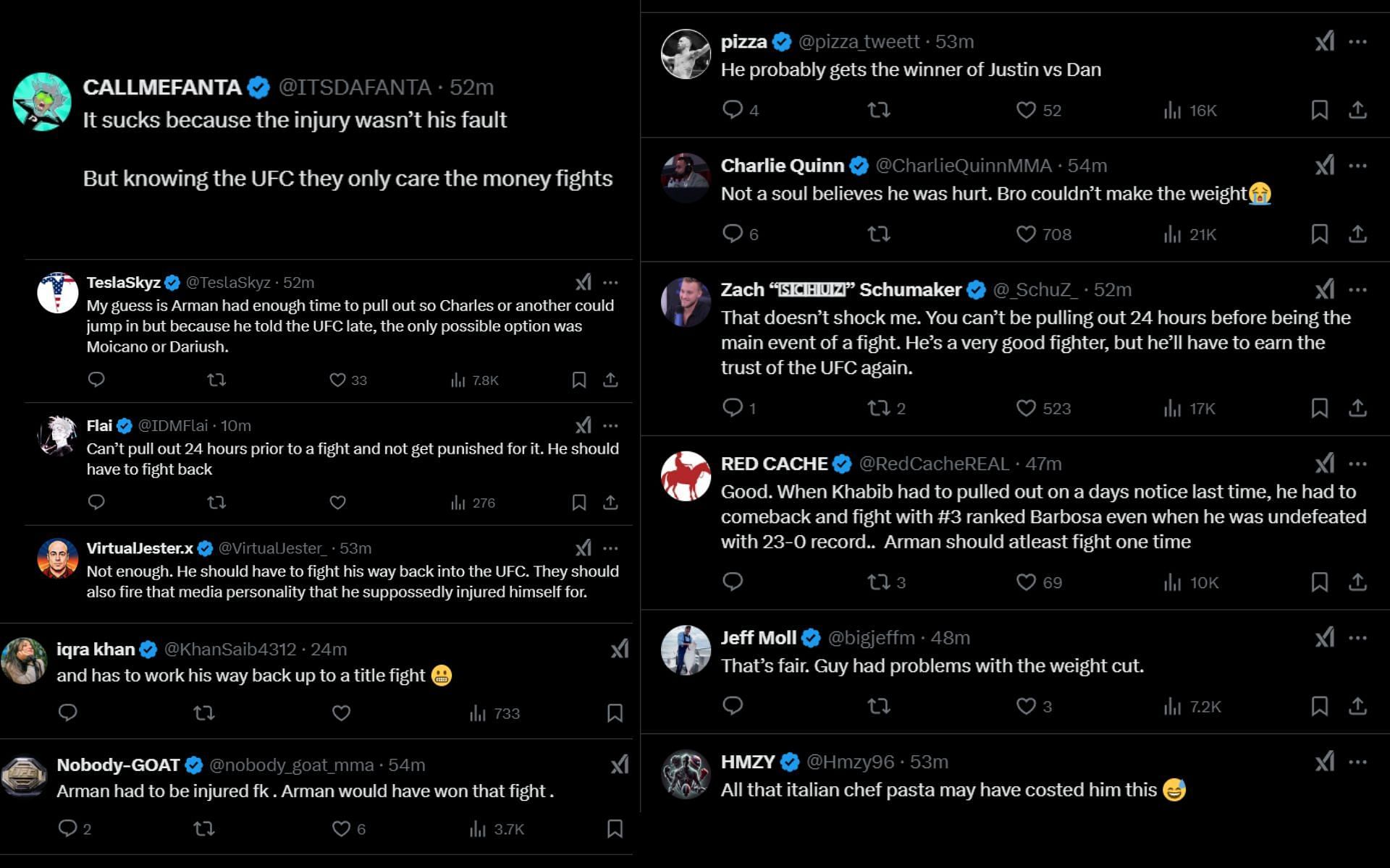 Fans react to Dana White claiming Arman Tsarukyan has to earn title shot. [Screenshots courtesy: @ChampRDS on X]