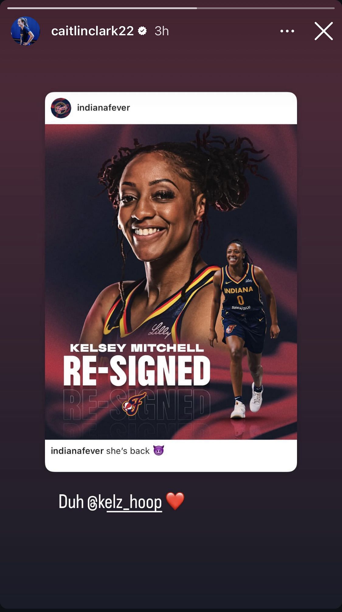 Caitlin Clark&#039;s reaction to Kelsey Mitchell&#039;s re-signing with the Indiana Fever. (Credits: IG/Caitlin Clark)