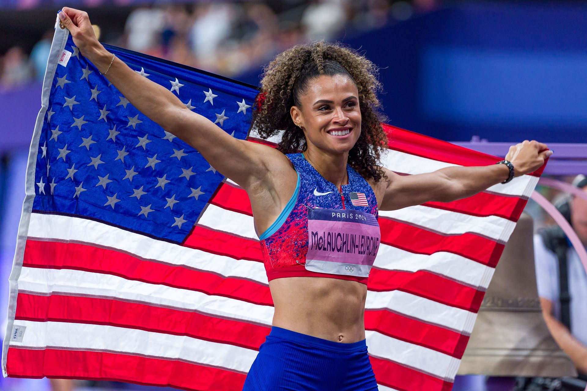 Sydney McLaughlin-Levrone celebrates her gold medal win at the Olympic Games in Paris 2024: Day 15 - Source: Getty