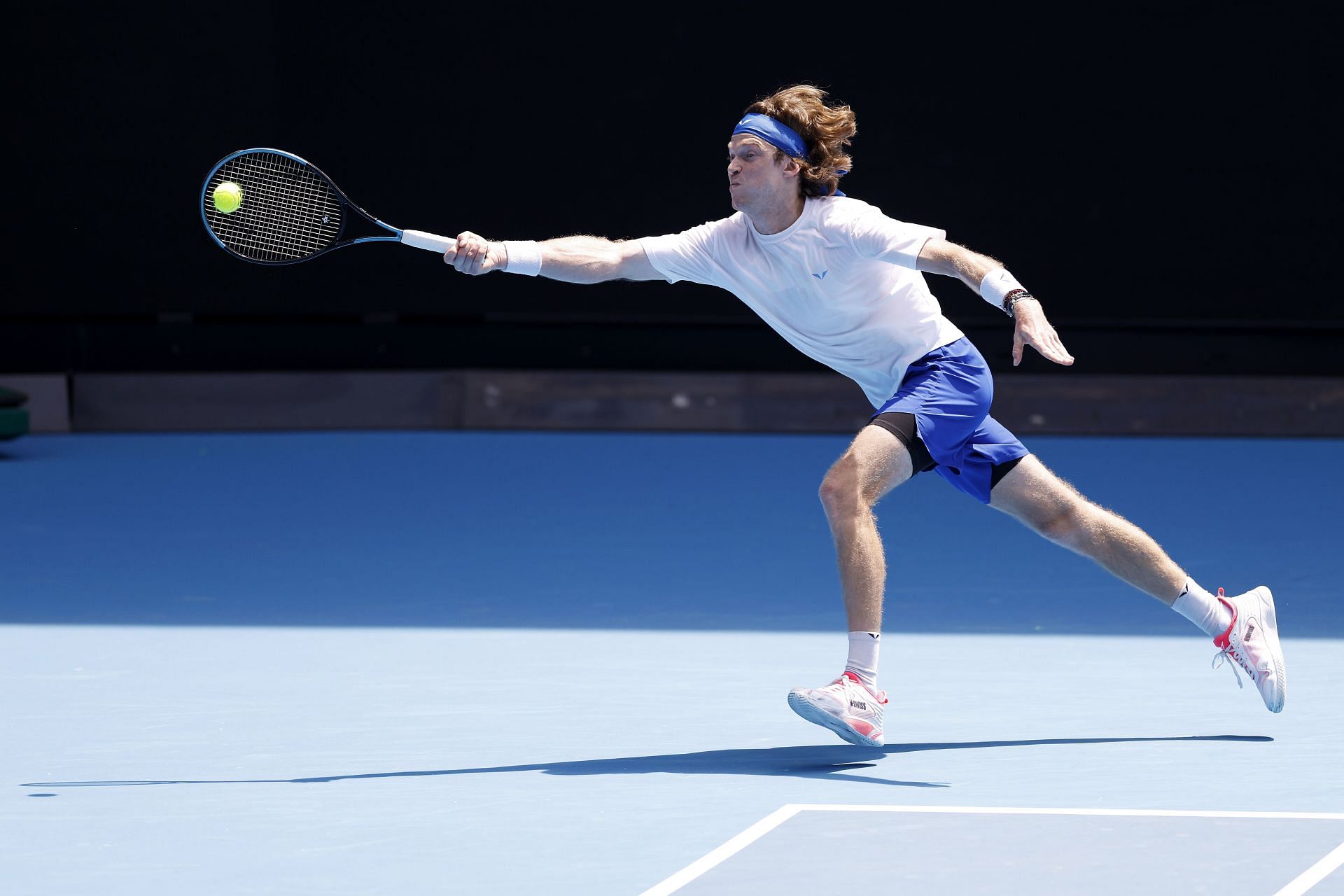 Andrey Rublev plays a forehand during a practice session ahead of the 2025 Australian Open at Melbourne Park on January 10, 2025 in Melbourne, Australia. - Source: Getty