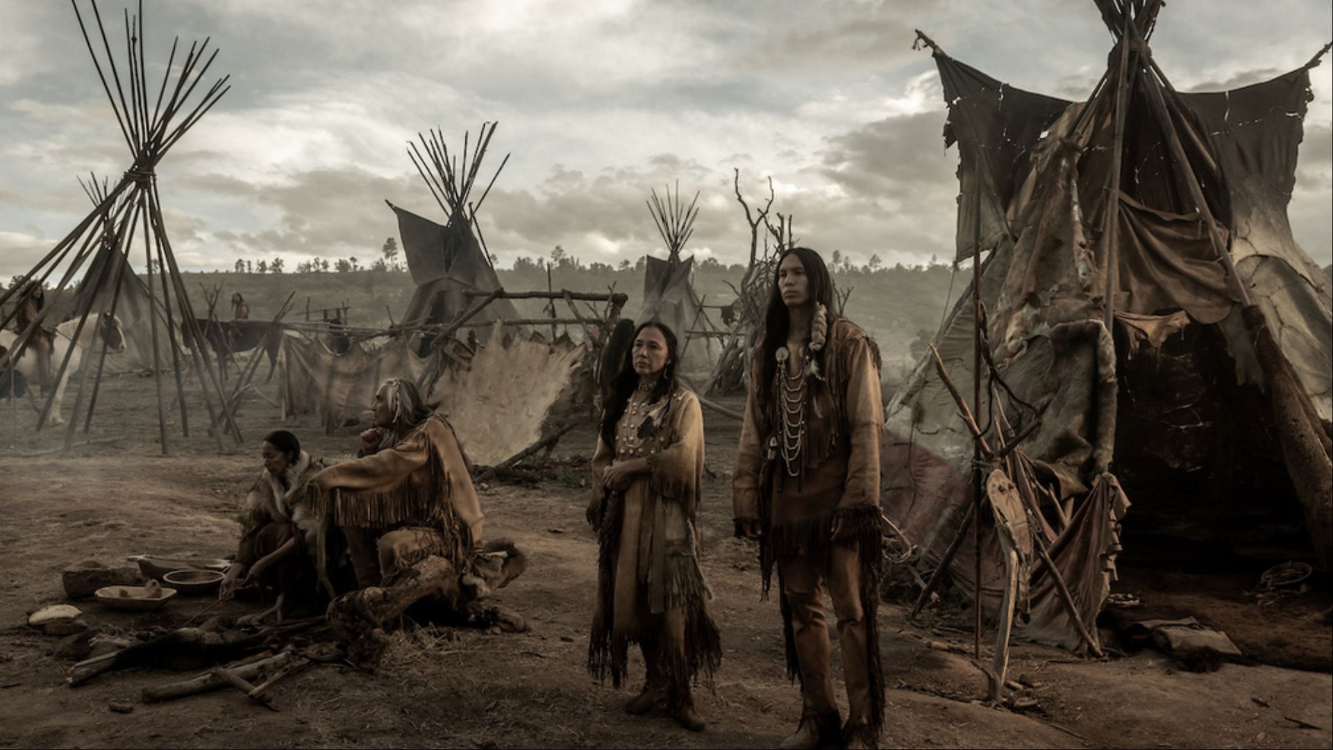 A recreation of a Native American camp from American Primeval (Image via Matt Kennedy/Netflix Tudum)