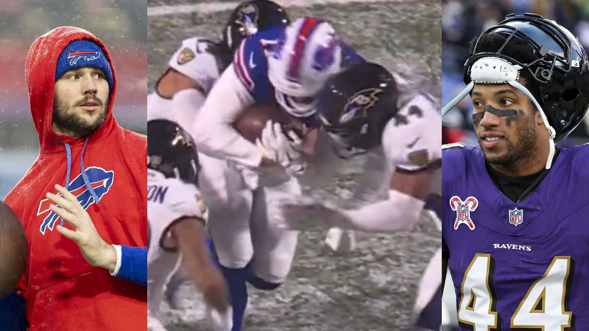 Marlon Humphrey is punished for helmet-to-helmet hit on Josh Allen (outer images via Getty, inner image via CBS)