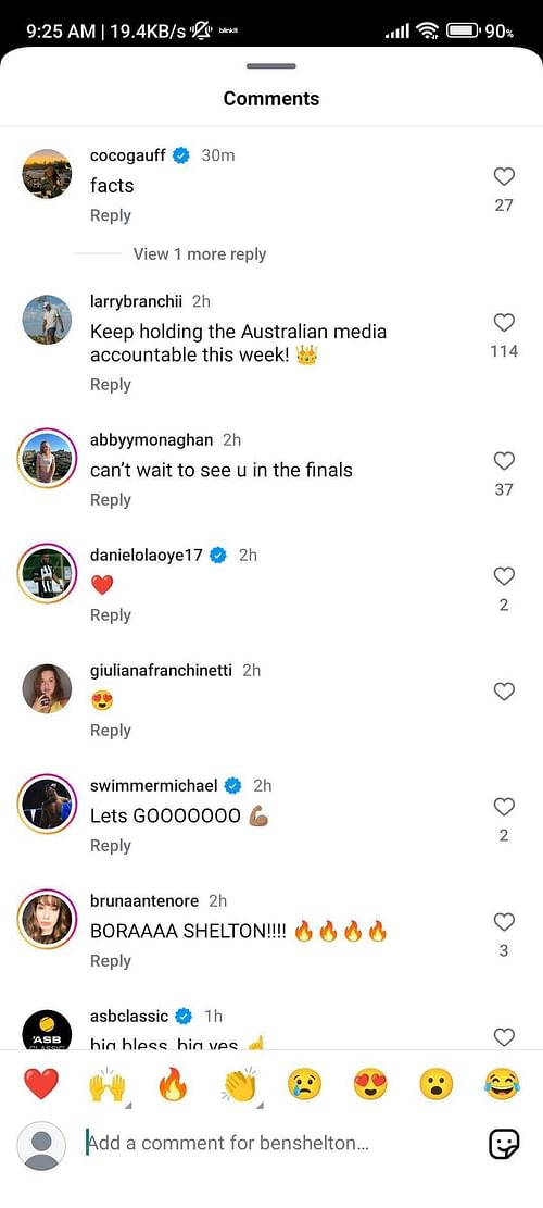 Screengrab of Coco Gauff's comment on Ben Shelton's post.