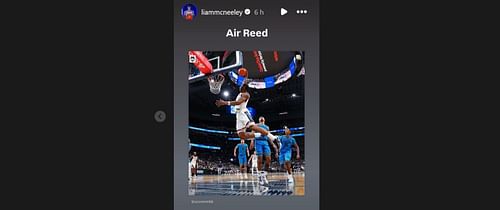 UConn freshman McNeeley summed up his feelings for Tarris Reed Jr.'s dunk with two simple words. (Source: Instagram/@liammcneeley)