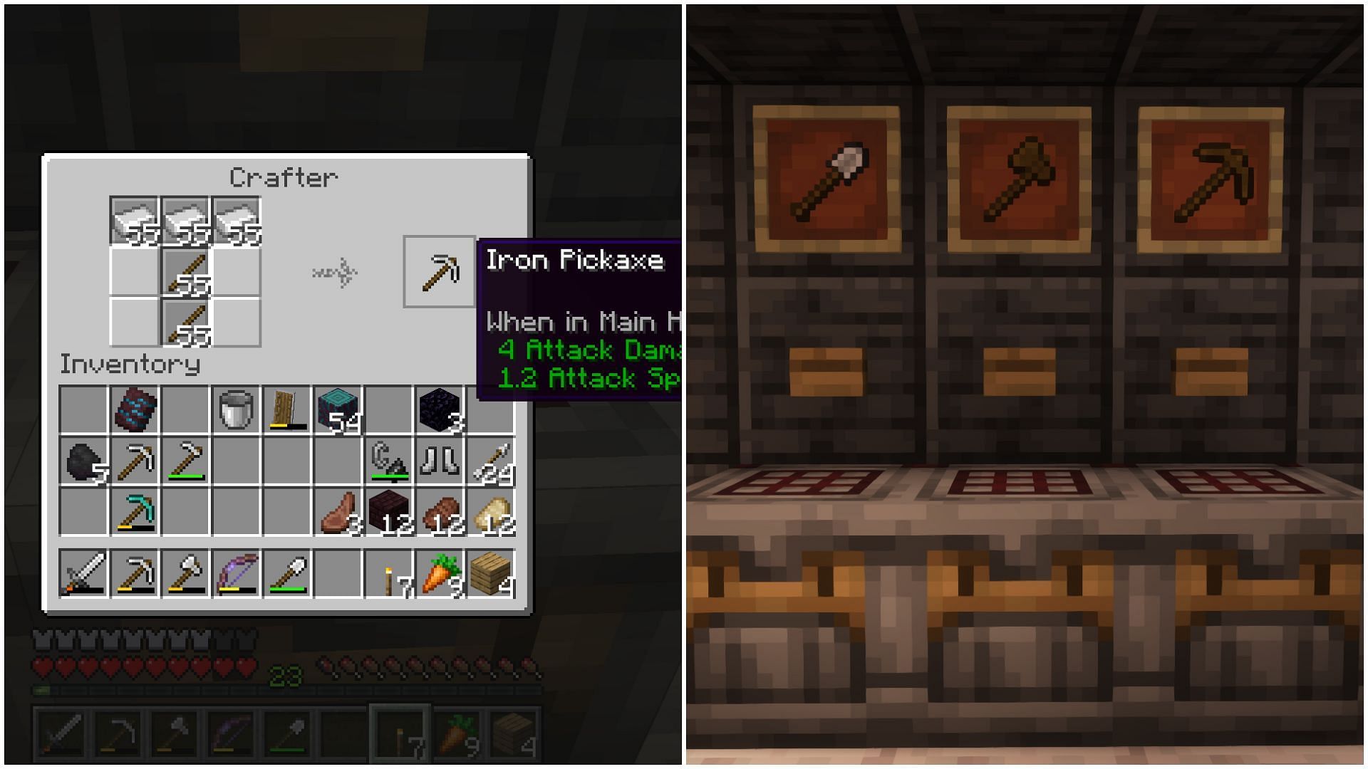 Crafter can be used to create loads of pickaxes and shovels automatically (Image via Mojang Studios)