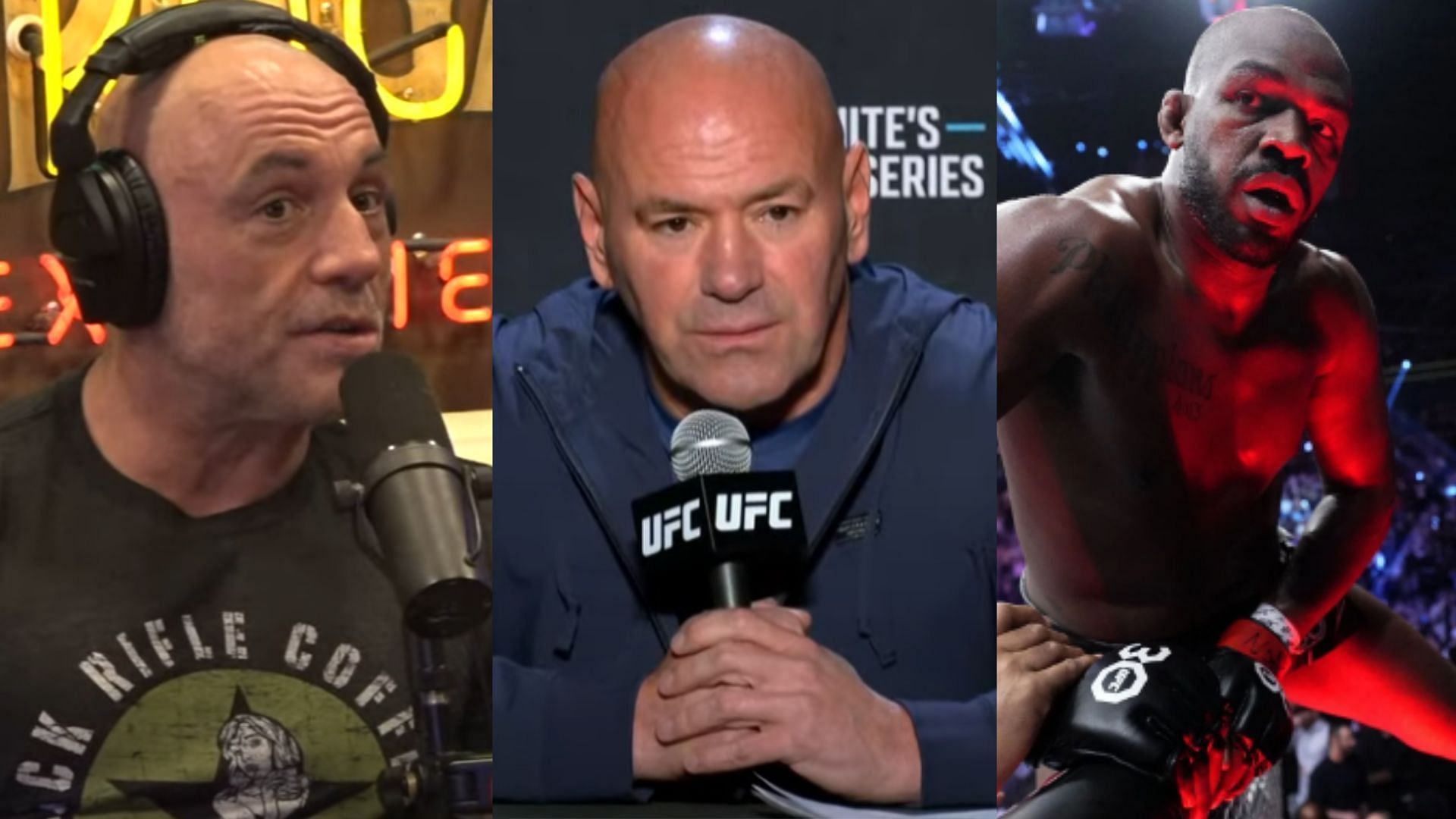 Joe Rogan (left) reveals Dana White (center) contacted him regarding Jon Jones (right) rumor [Images courtesy of JRE &amp; UFC on YouTube and Getty Images]