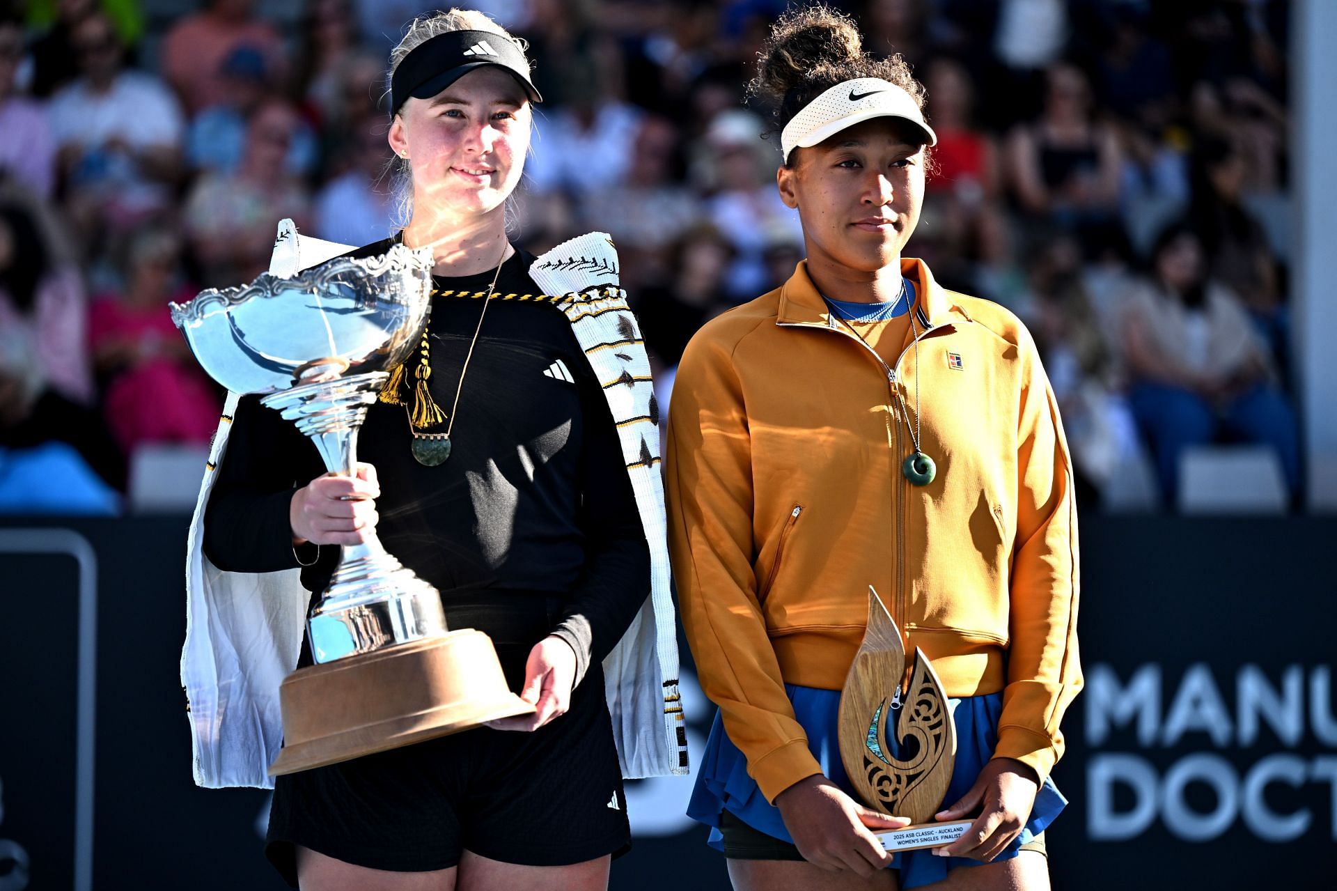 Clara Tauson (L) and Naomi Osaka (R) after the 2025 ASB Classic final in Auckland (Source: Getty)