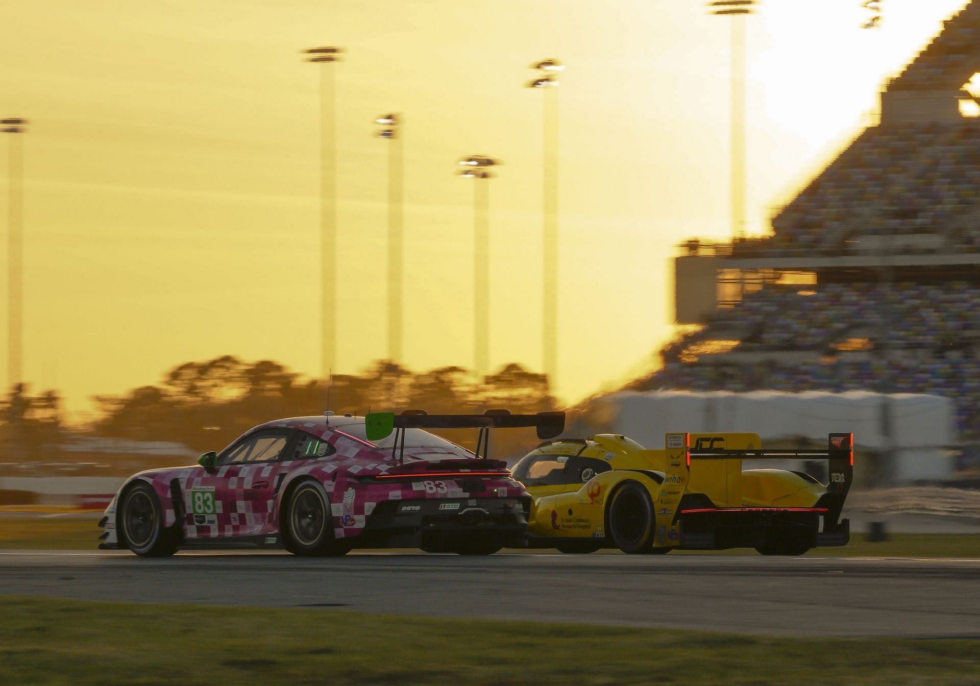 DAYTONA BEACH, FL - JANUARY 25:  (83) GTD Driver Sarah Bovy, Rahel Frey, Michelle Gatting, Karen Gaillard, Team Iron Dames, Porsche 911 GT3 R during sunset of the Rolex 24 IMSA Race on January 25h 2025, at&nbsp;Daytona Speedway in Daytona, FL. (Photo by Andrew Bershaw/Icon Sportswire via Getty Images) - Source: Getty