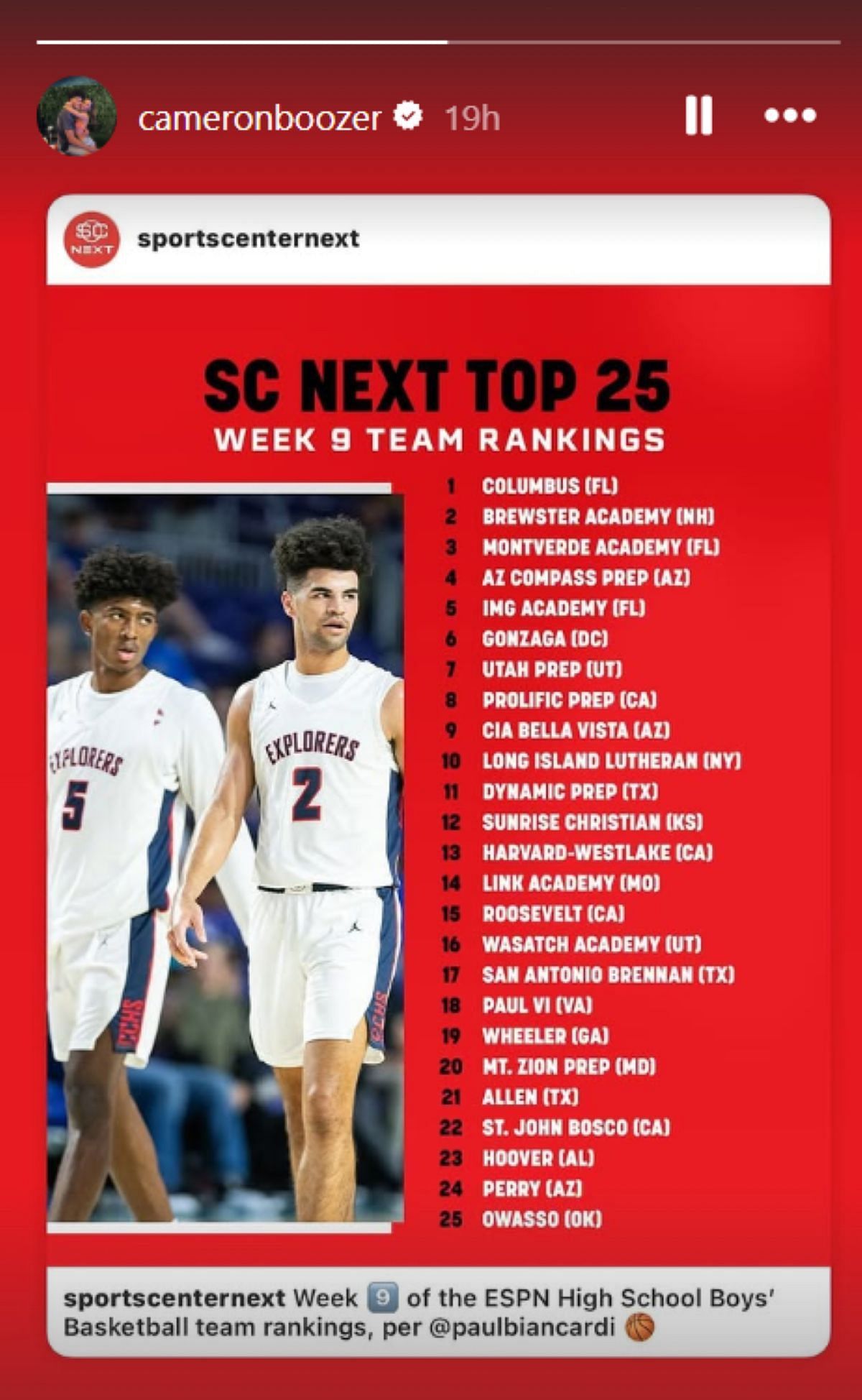 Carlos Boozer&#039;s son Cameron Boozer shares the latest ESPN high school basketball rankings as Columbus High School overtakes Prolific Prep