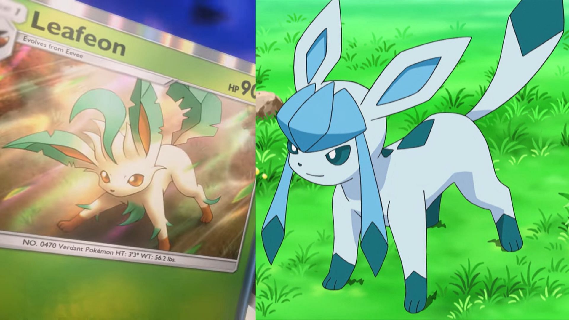 Leafeon&rsquo;s revealed card and Glaceon as seen in the anime (Image via The Pokemon Company)