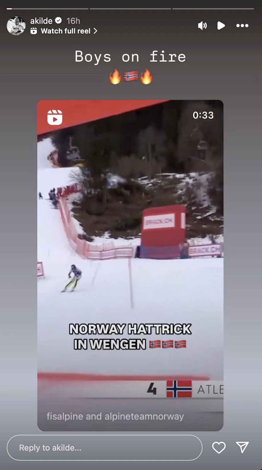 Aleksander Kilde reacts to top three podium finishes | Instagram@akilde