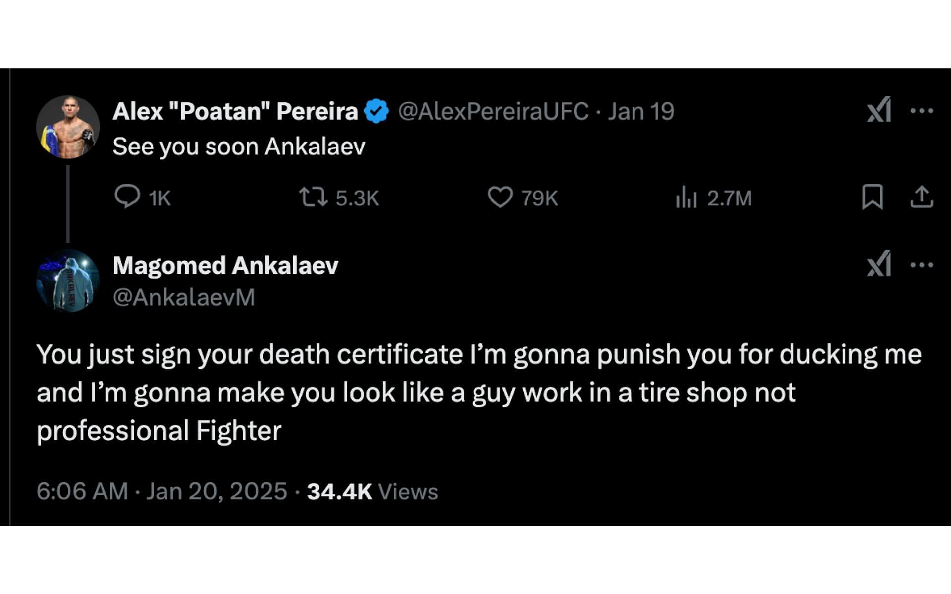 Screenshot of Pereira&#039;s post and Ankalaev&#039;s comment.