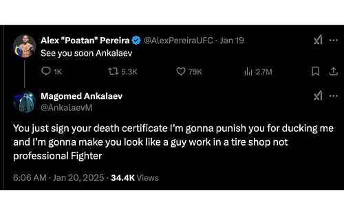 Screenshot of Pereira's post and Ankalaev's comment.