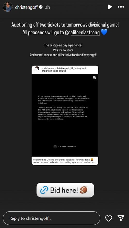 Christen Goff reposts the partnership with Crain Homes on her Instagram story, where NFL fans can bid for exclusive tickets to the Lions vs. Commanders game on Saturday. (Credits: IG/Christen Goff)