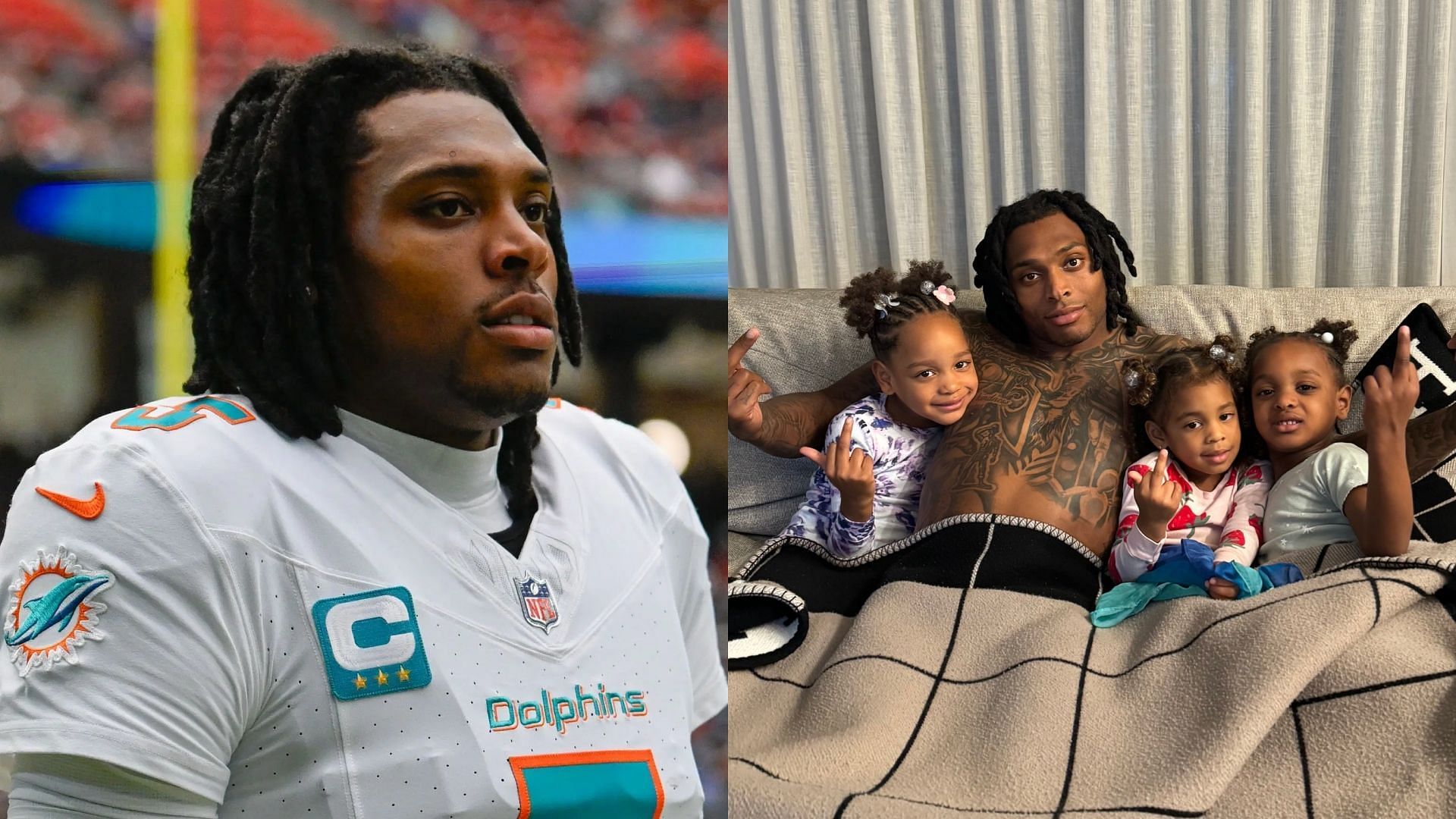 Jalen Ramsey gets condemned for latest image showing himself, daughters showing middle fingers - via Getty/CMS and X.com/@jalenramsey