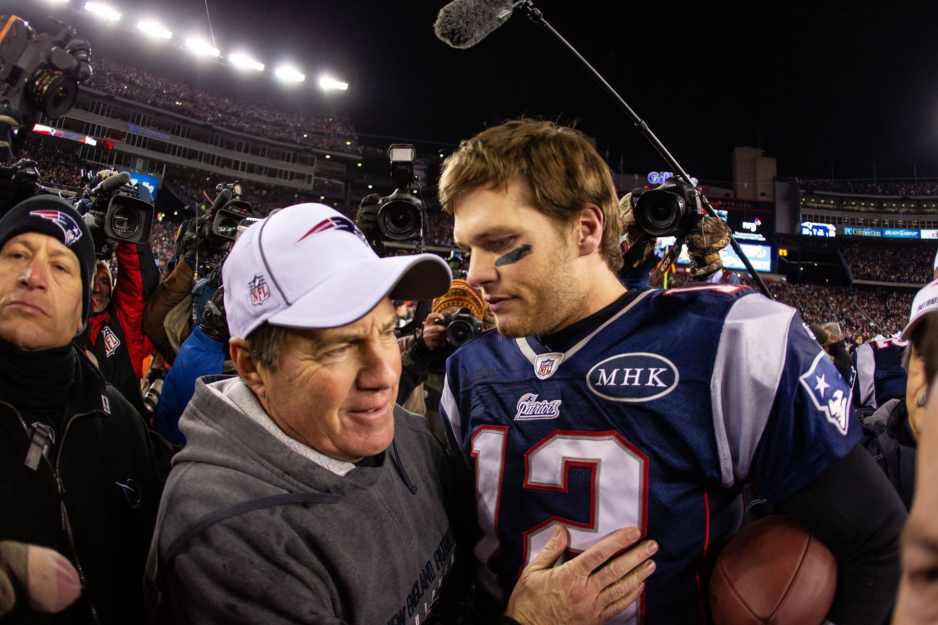 Bill Belichick, left, Tom Brady, right, during the New England Patriots v Baltimore Ravens - AFC Championship Game - Source: Getty