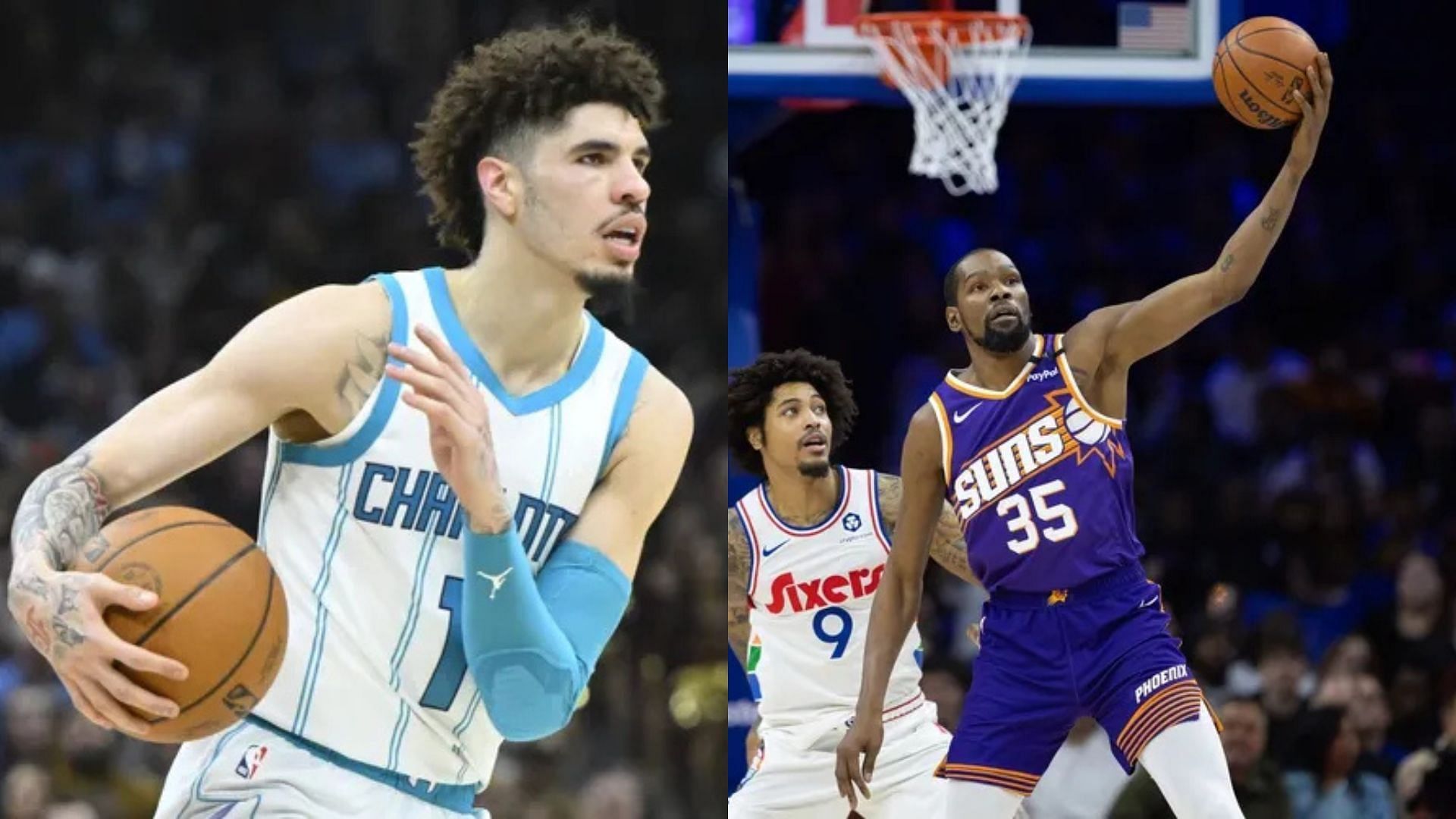 Phoenix Suns forward Kevin Durant, Charlotte Hornets guard LaMelo Ball. Photo Credits: Imagn