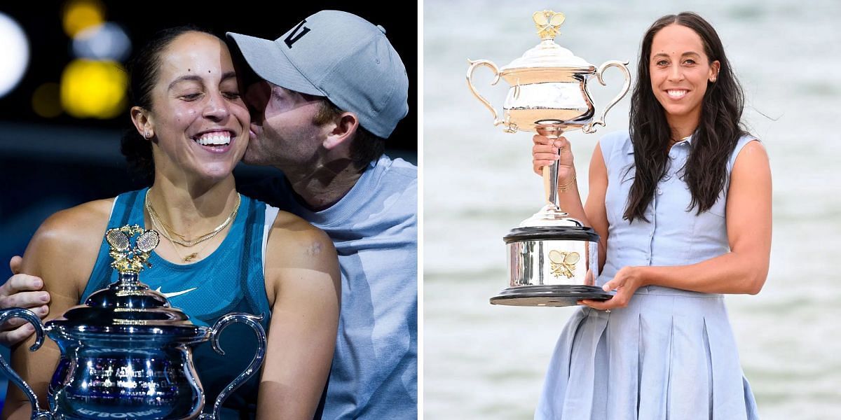 Bjorn Fratangelo kissing Madison Keys on cheeks; Madison Keys holding the 2025 Australian Open trophy - Source: Getty