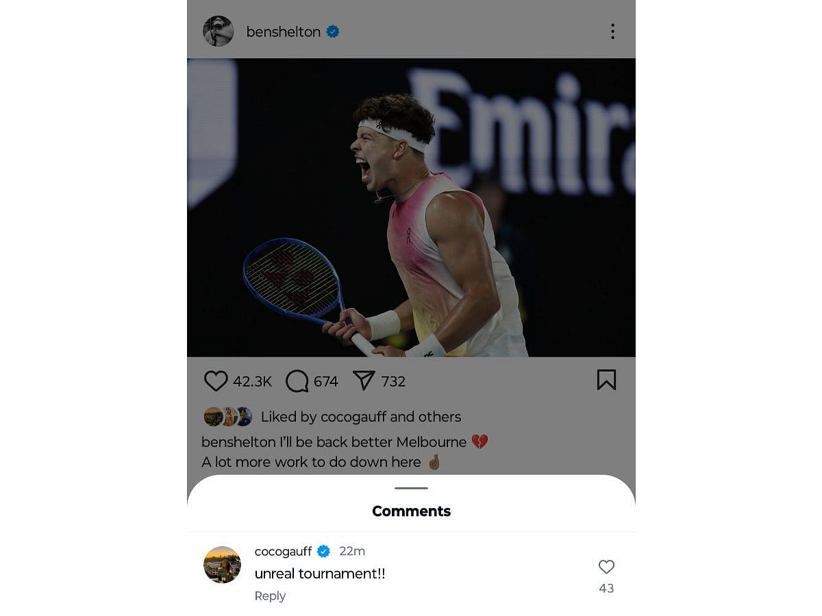 Coco Gauff&#039;s comment under Ben Shelton&#039;s post on Instagram