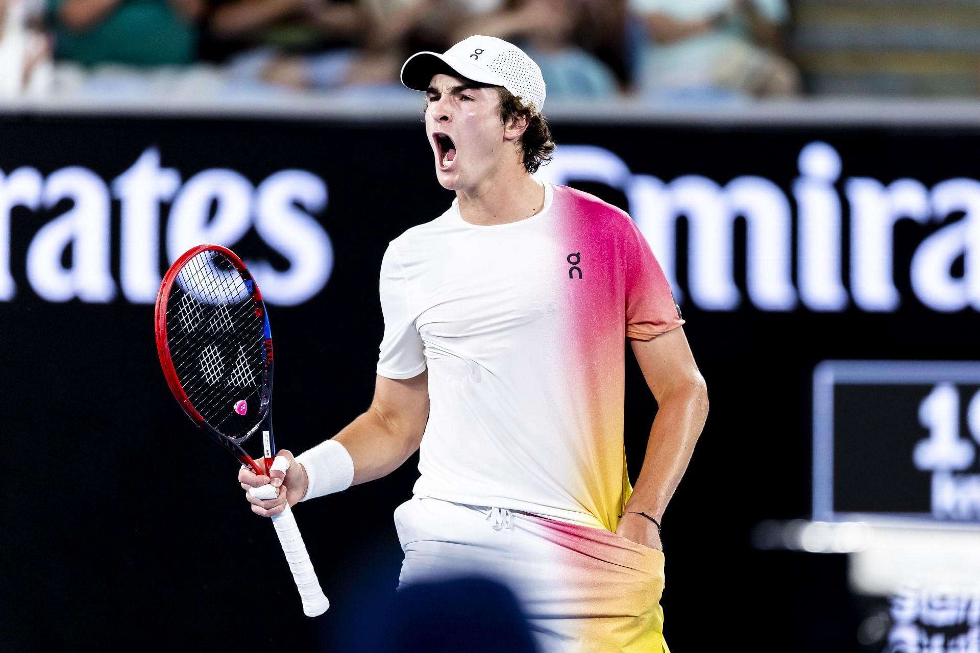 Joao Fonseca celebrates winning a point at the 2025 Australian Open. Source: Getty