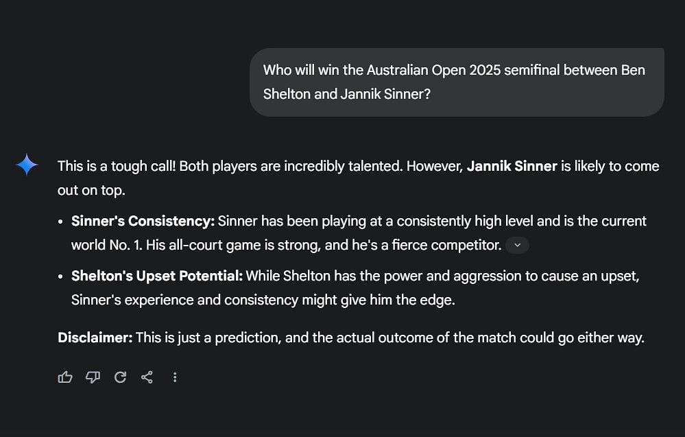 Gemini AI&#039;s prediction for the 2025 Australian Open semifinal between Ben Shelton and Jannik Sinner | Image Source: Gemini AI