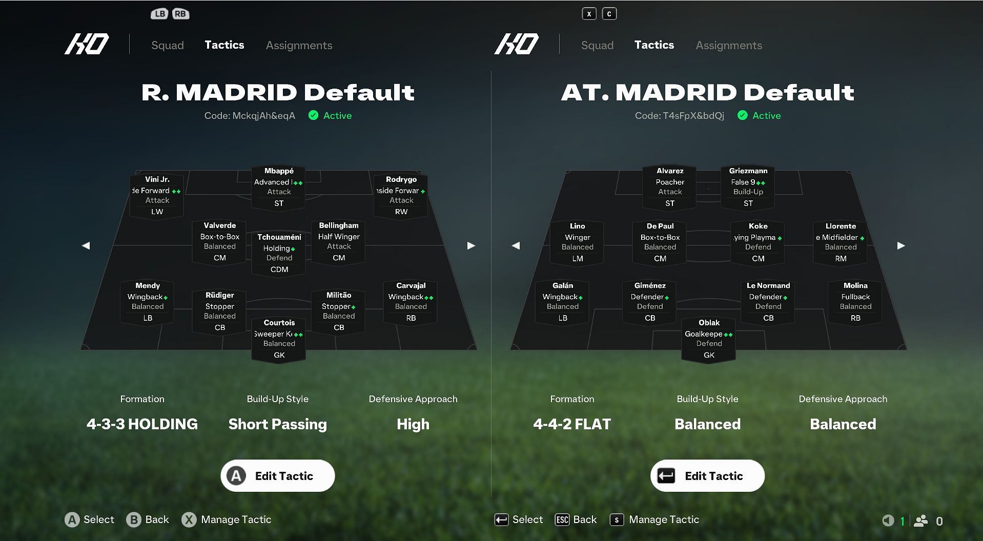 Real Madrid and Atletico default tactics and formation (Image via EA Sports)