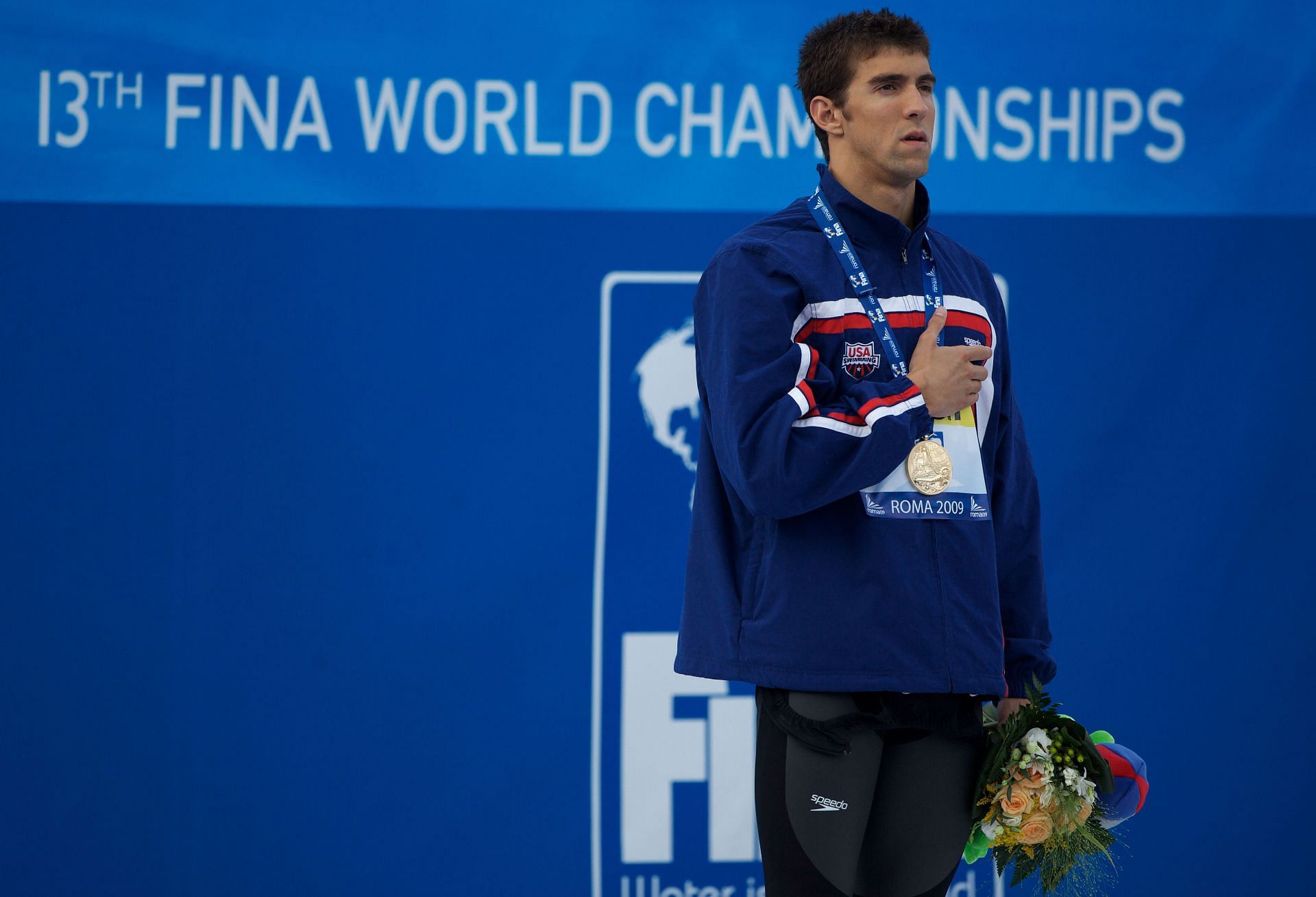 Phelps after winning the Men&#039;s 100m butterfly event for the United States at the 13th FINA World Swimming Championships (Image via: Getty Images)