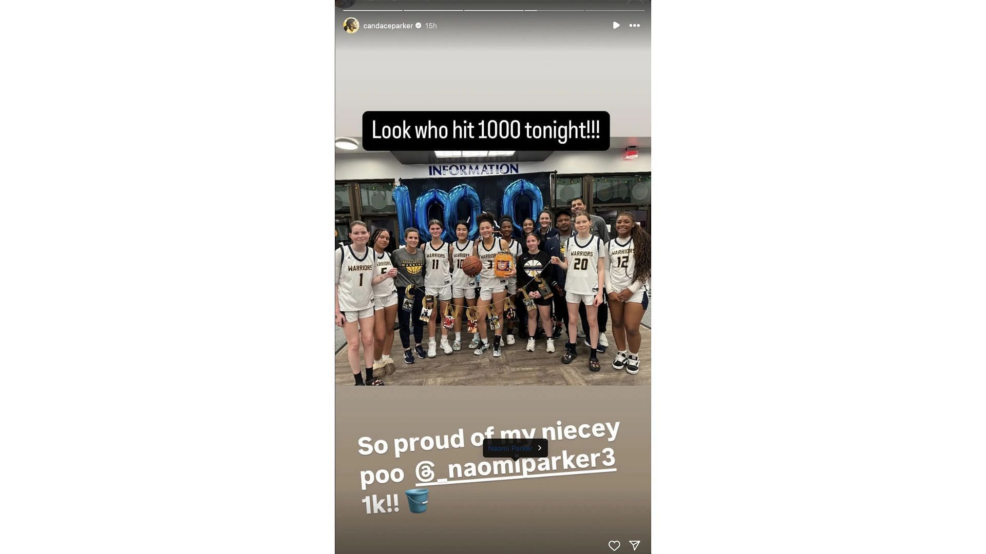 Naomi Parker receives praise from C. Parker after hitting 1,000-point mark. Photo Credits: Candace Parker&#039;s IG account