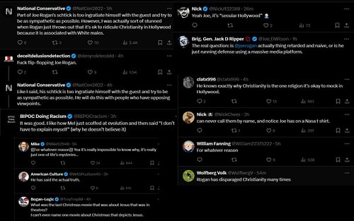 Fans react to Joe Rogan's recent comments about Christianity. [Screenshots courtesy: @NatCon2022 on X]