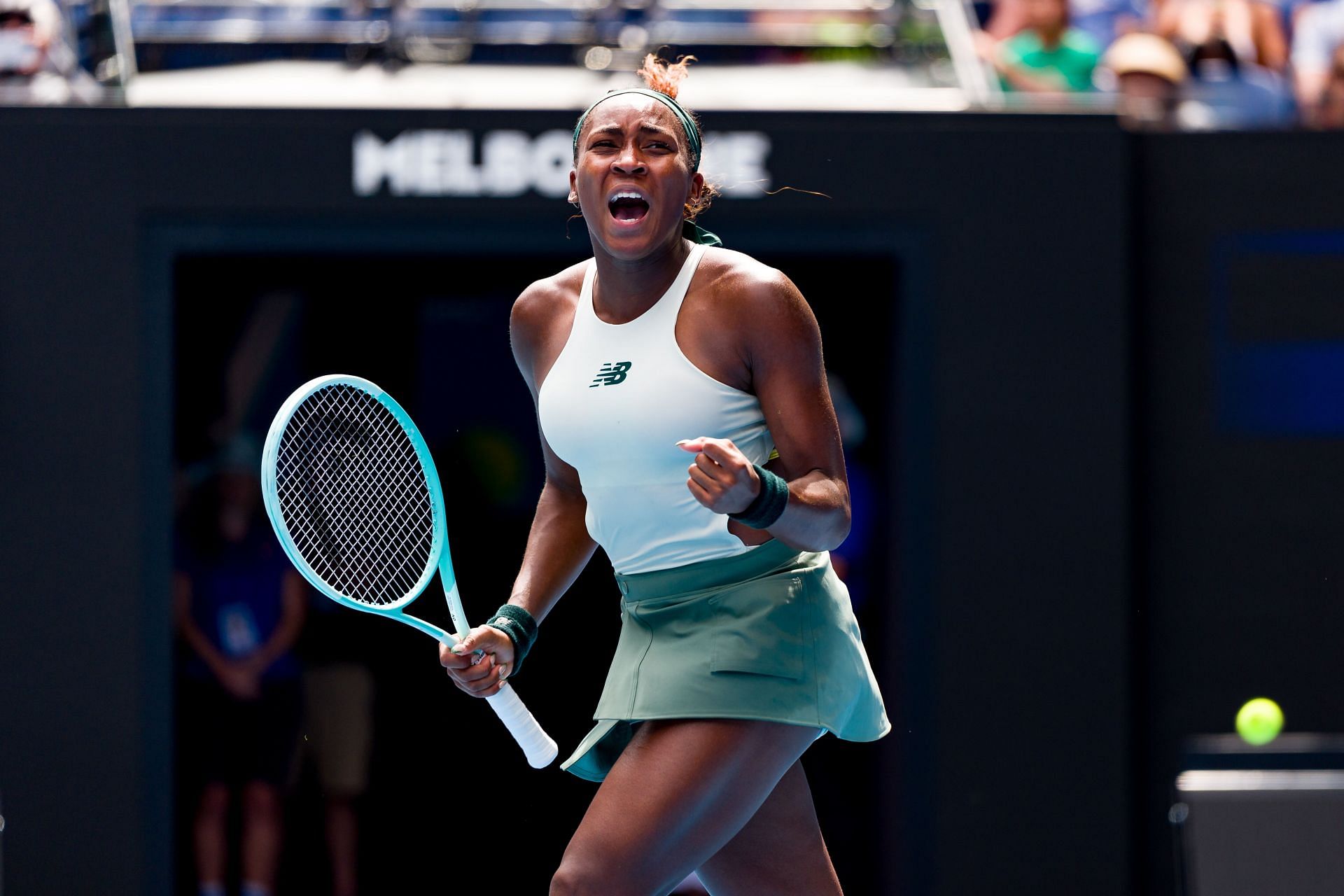 Coco Gauff celebrates after booking her QF spot at the 2025 Australian Open (Source: Getty)