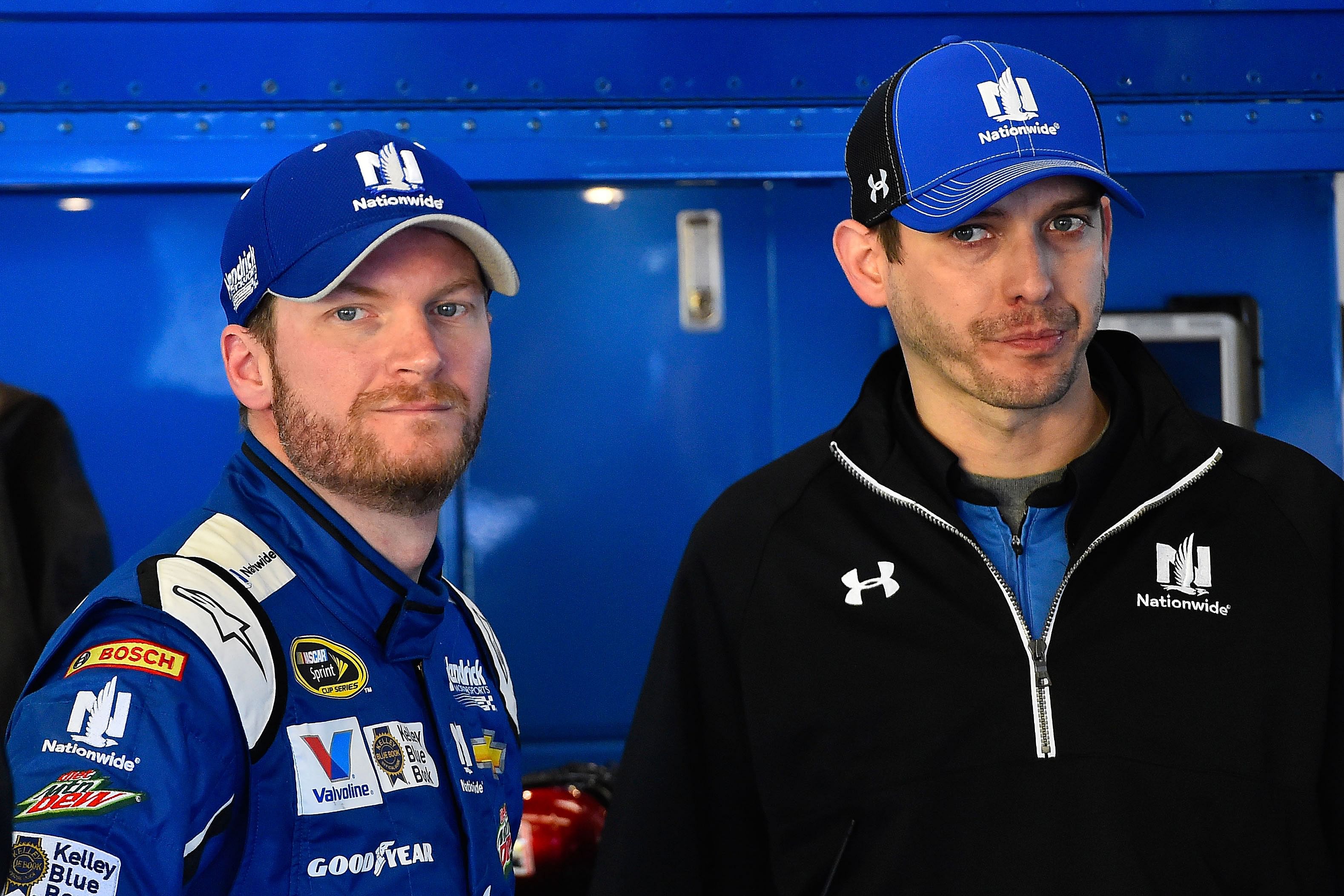 Dale Earnhardt Jr. (88) and crew chief Greg Ives during practice for the Daytona 500 at Daytona International Speedway. - Source: Imagn